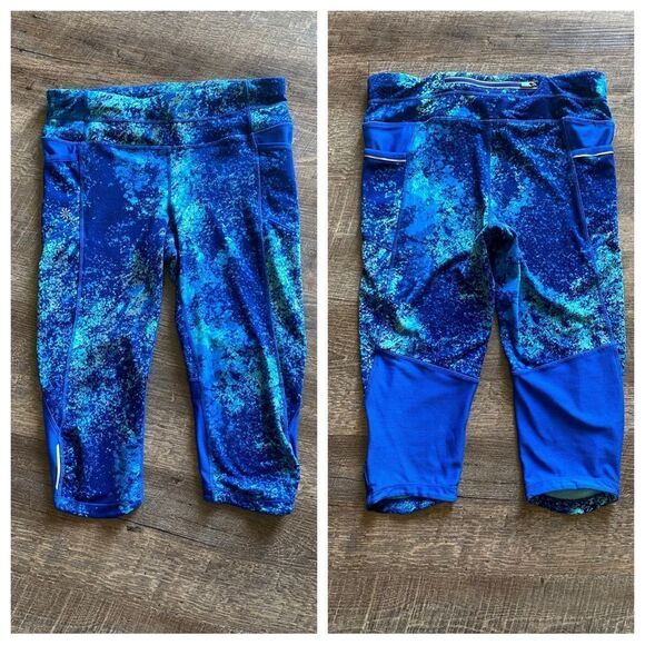 Athleta Splatter Be Free Knicker Legging Small Blue Green Workout - Picture 2 of 12